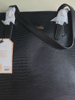 Amy Miller Black Textured Tote with Gold Logo Plaque